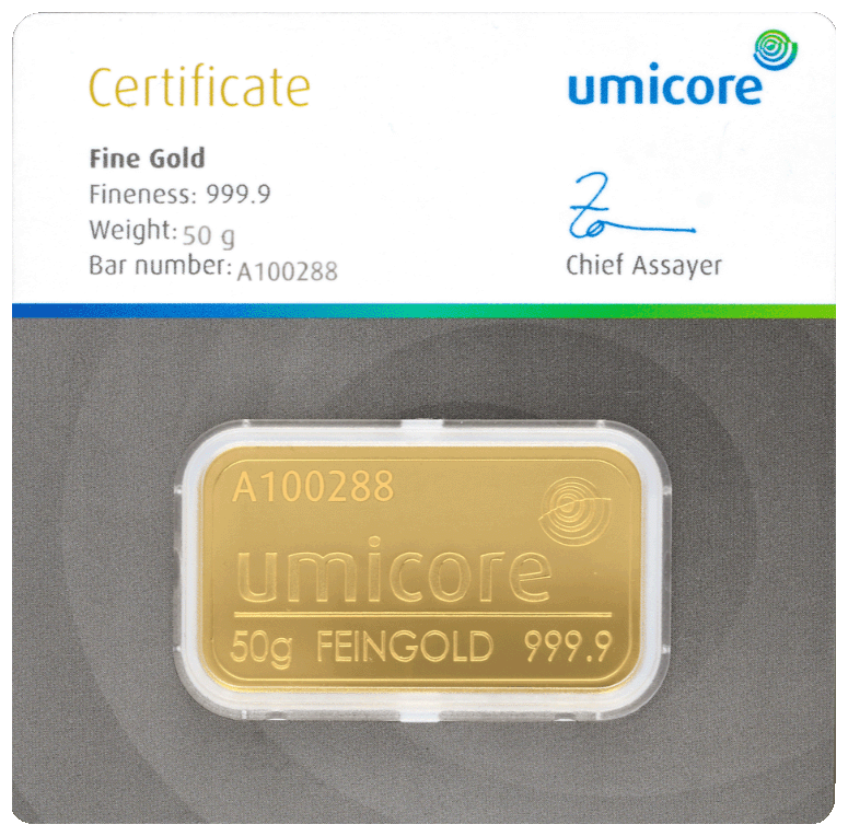 Lingot d'or Umicore certifié de 50 gramme